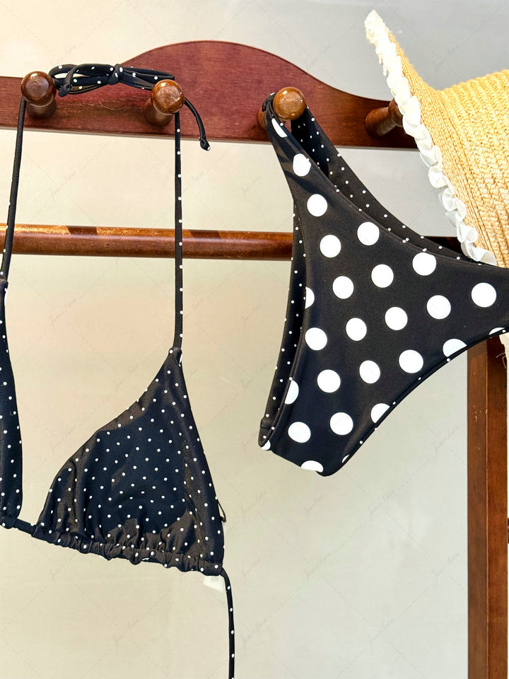 Black Polka Dot Print Halter Triangle Reversible Bikini Set