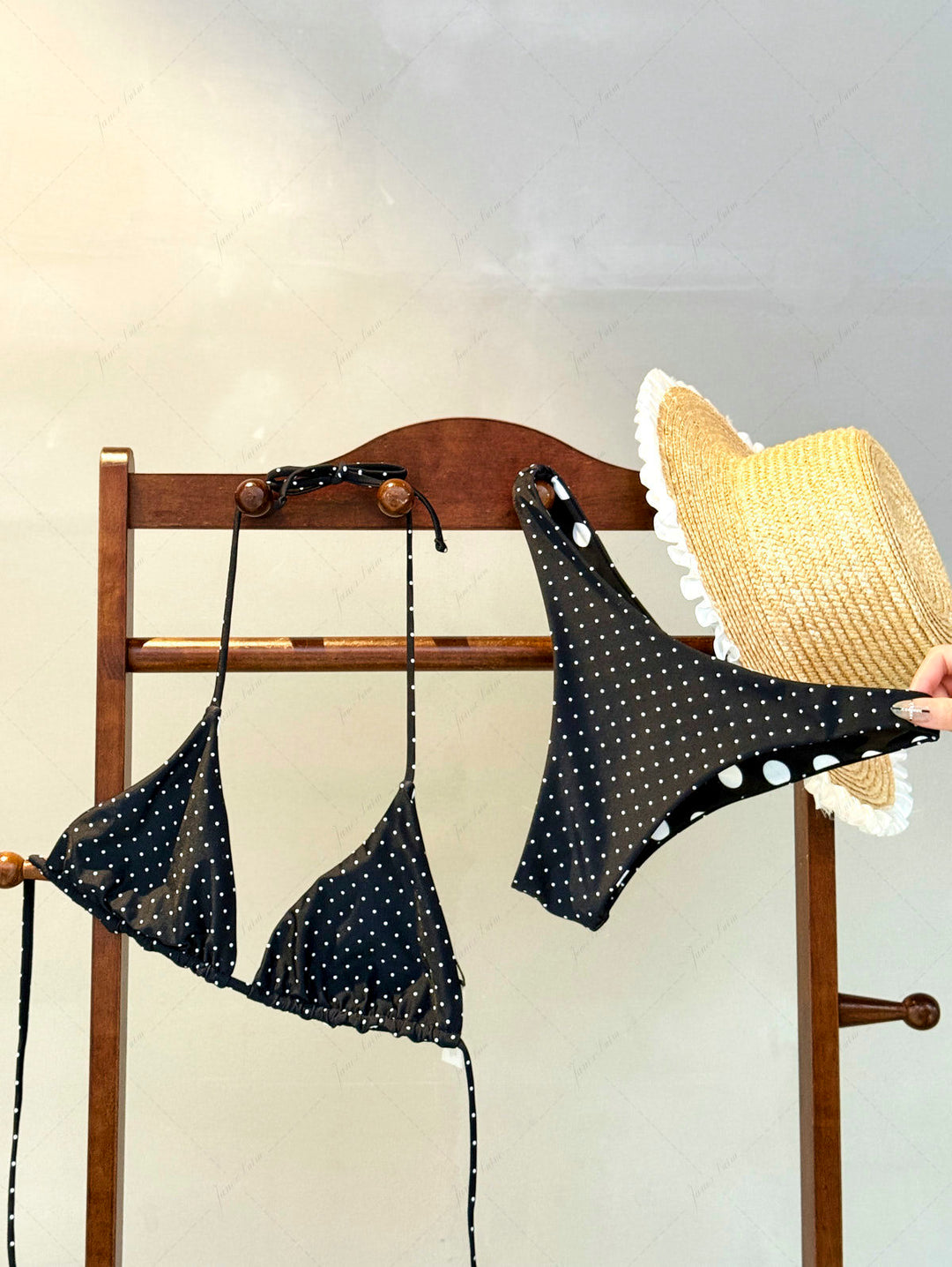Black Polka Dot Print Halter Triangle Reversible Bikini Set