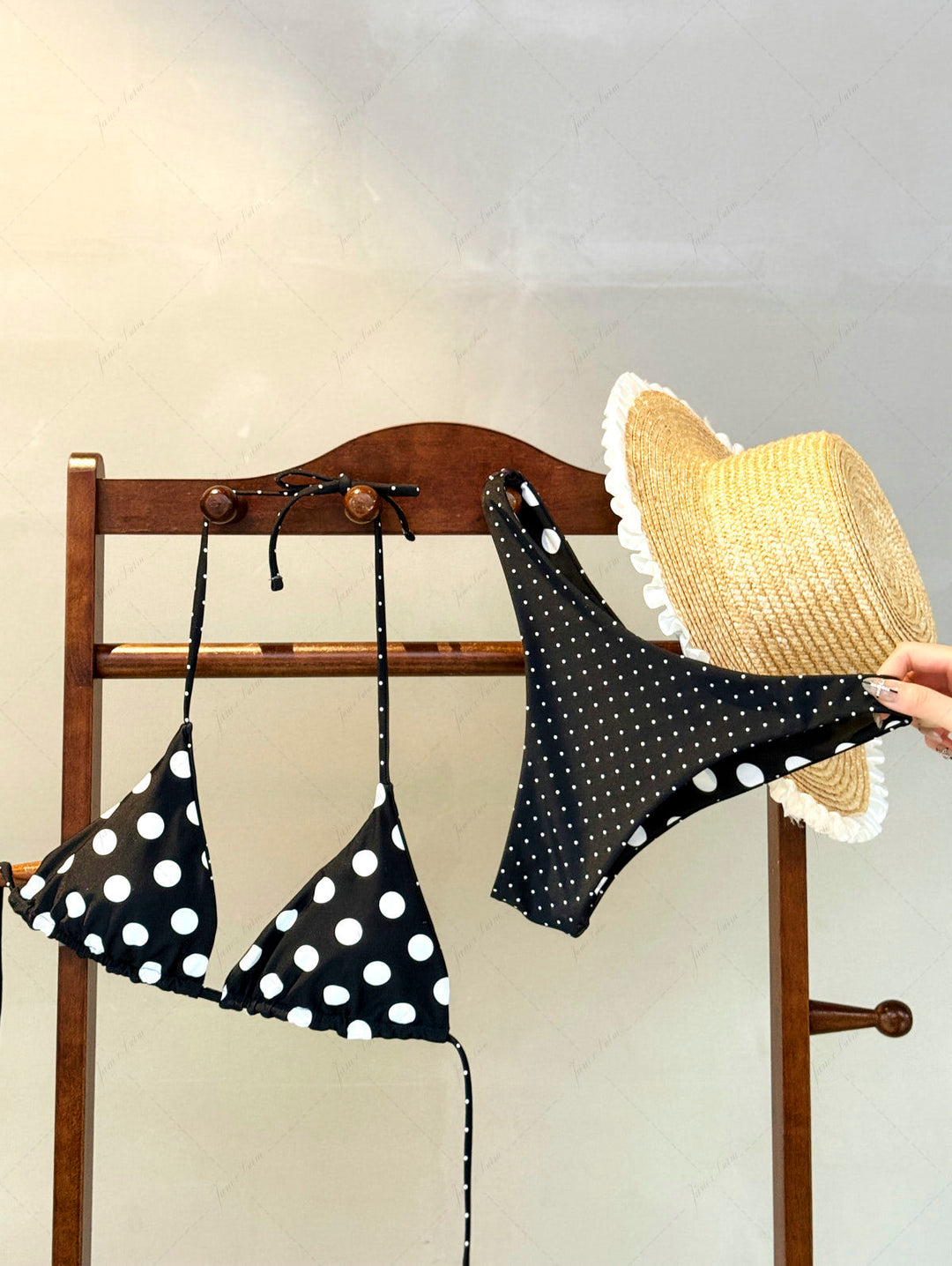 Black Polka Dot Print Halter Triangle Reversible Bikini Set