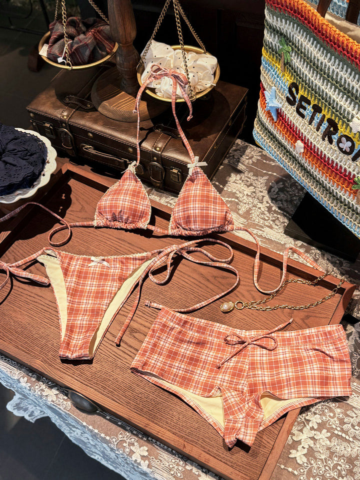 Seamolly 3 Piece Gingham Lace Bowknot Triangle Cheeky Boyshort Bikini Set