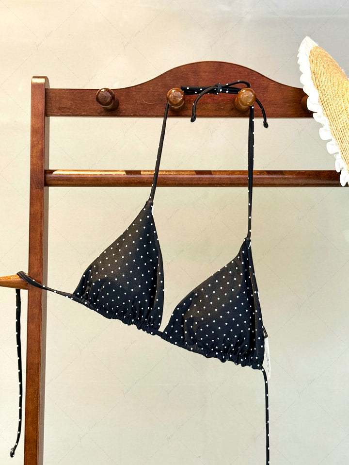 Black Polka Dot Print Halter Triangle Reversible Bikini Top