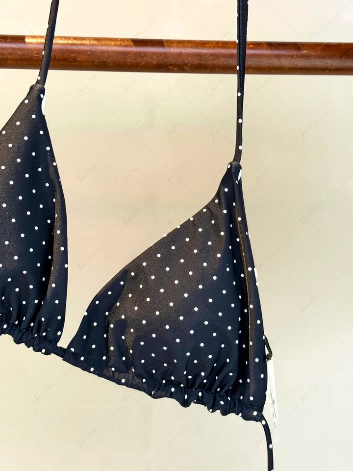 Black Polka Dot Print Halter Triangle Reversible Bikini Top