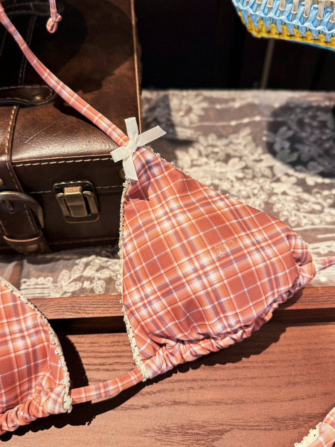 Seamolly 3 Piece Gingham Lace Bowknot Triangle Cheeky Boyshort Bikini Set