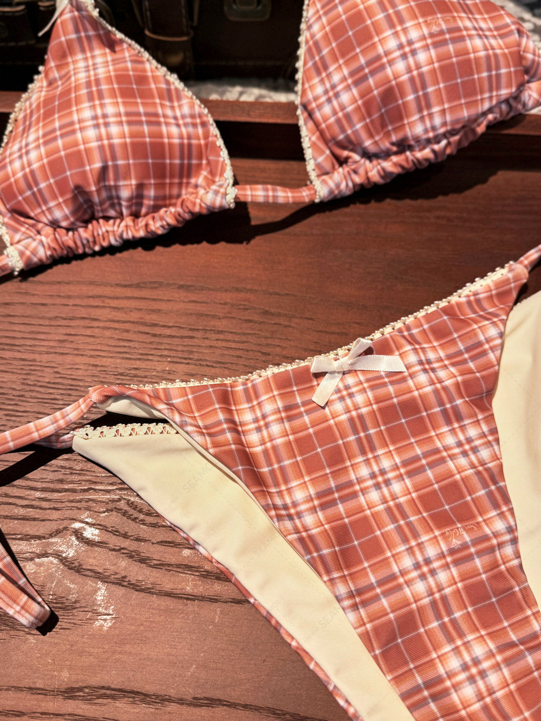 Seamolly 3 Piece Gingham Lace Bowknot Triangle Cheeky Boyshort Bikini Set
