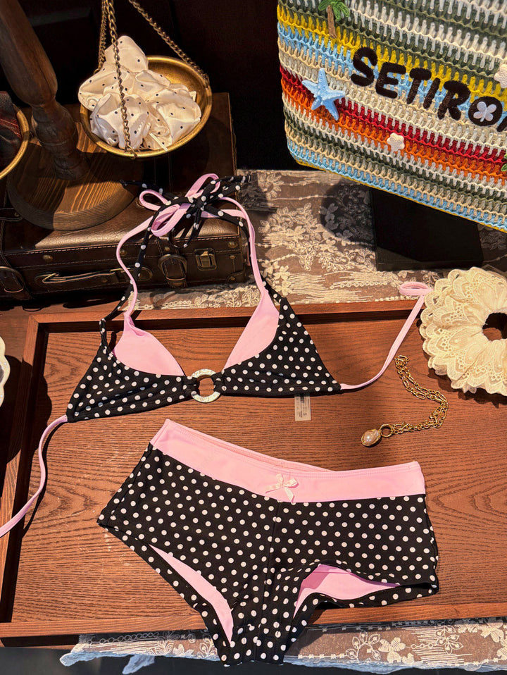 Seamolly 3 Piece Contrast Color Polka Dot O Ring Double Layer Cheeky Boyshort Bikini Set