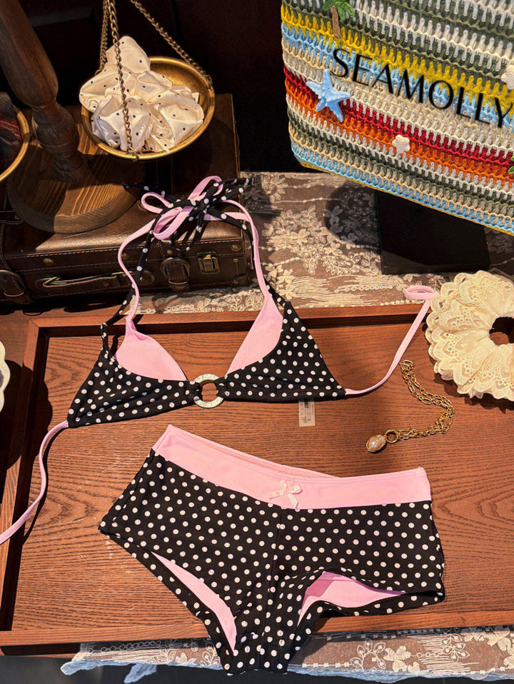 Seamolly 3 Piece Contrast Color Polka Dot O Ring Double Layer Cheeky Boyshort Bikini Set