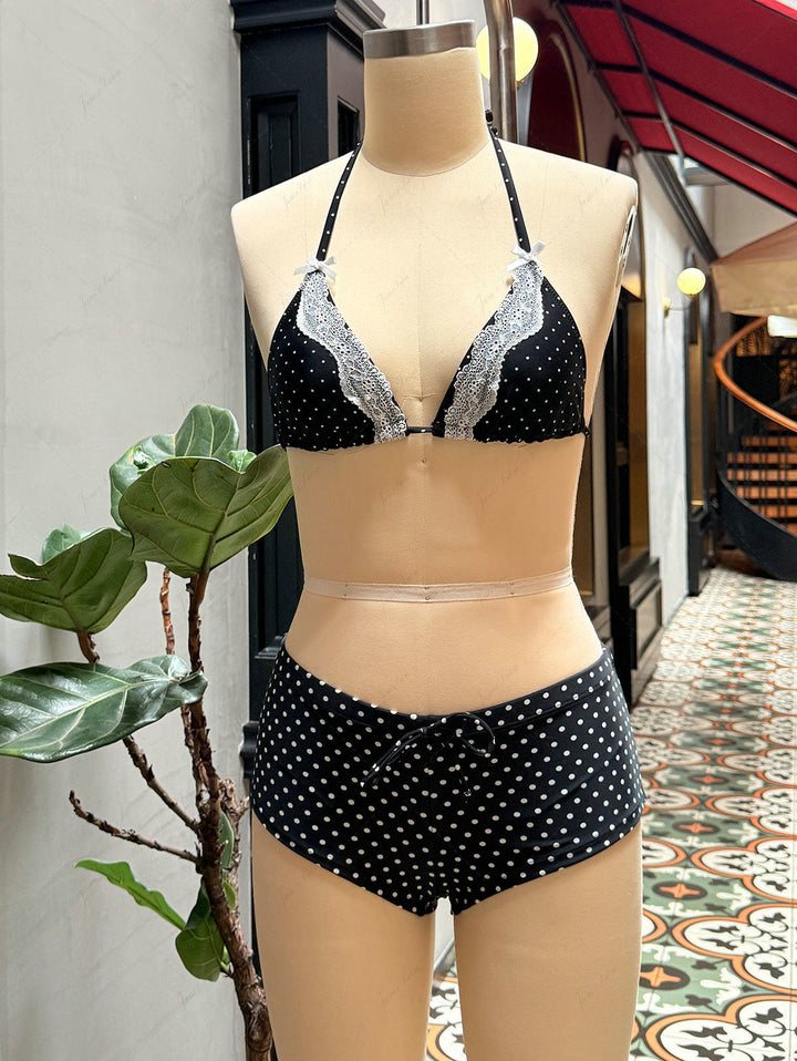 Janex Black Polka Dot Print Lace Bowknot Triangle Cheeky Boyshorts Bikini Set