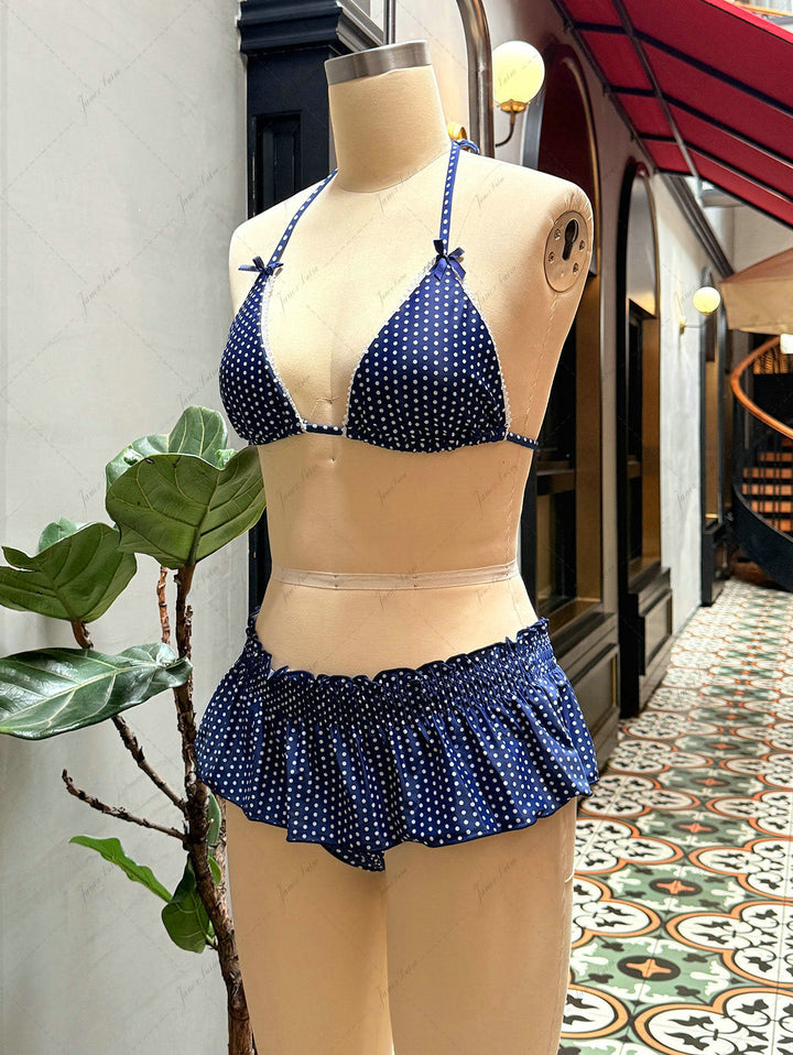 Janex Deep Blue Polka Dot Lace Bowknot Halter Triangle Skirtini Bikini Set
