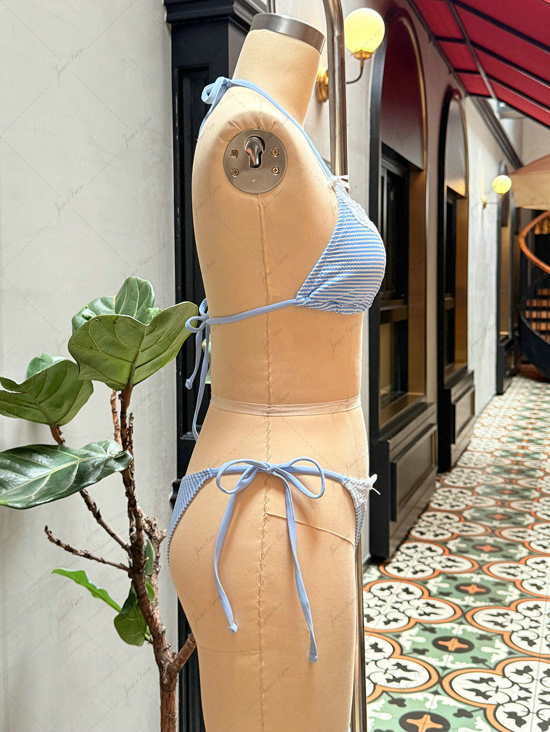 Light Blue Striped Lace Bowknot Halter Triangle Top & Cheeky Brazilian Bottom Bikini Set