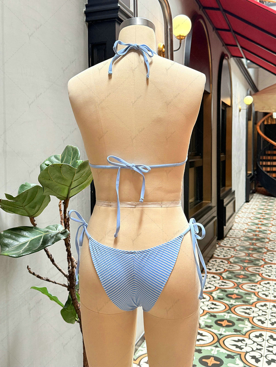Light Blue Striped Lace Bowknot Halter Triangle Top & Cheeky Brazilian Bottom Bikini Set