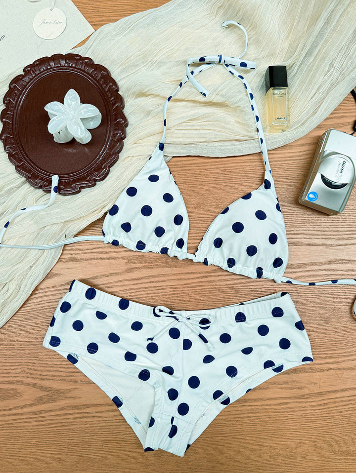 Crystal Cream Vintage Polka Dot Reversible Halter Triangle Bikini Set