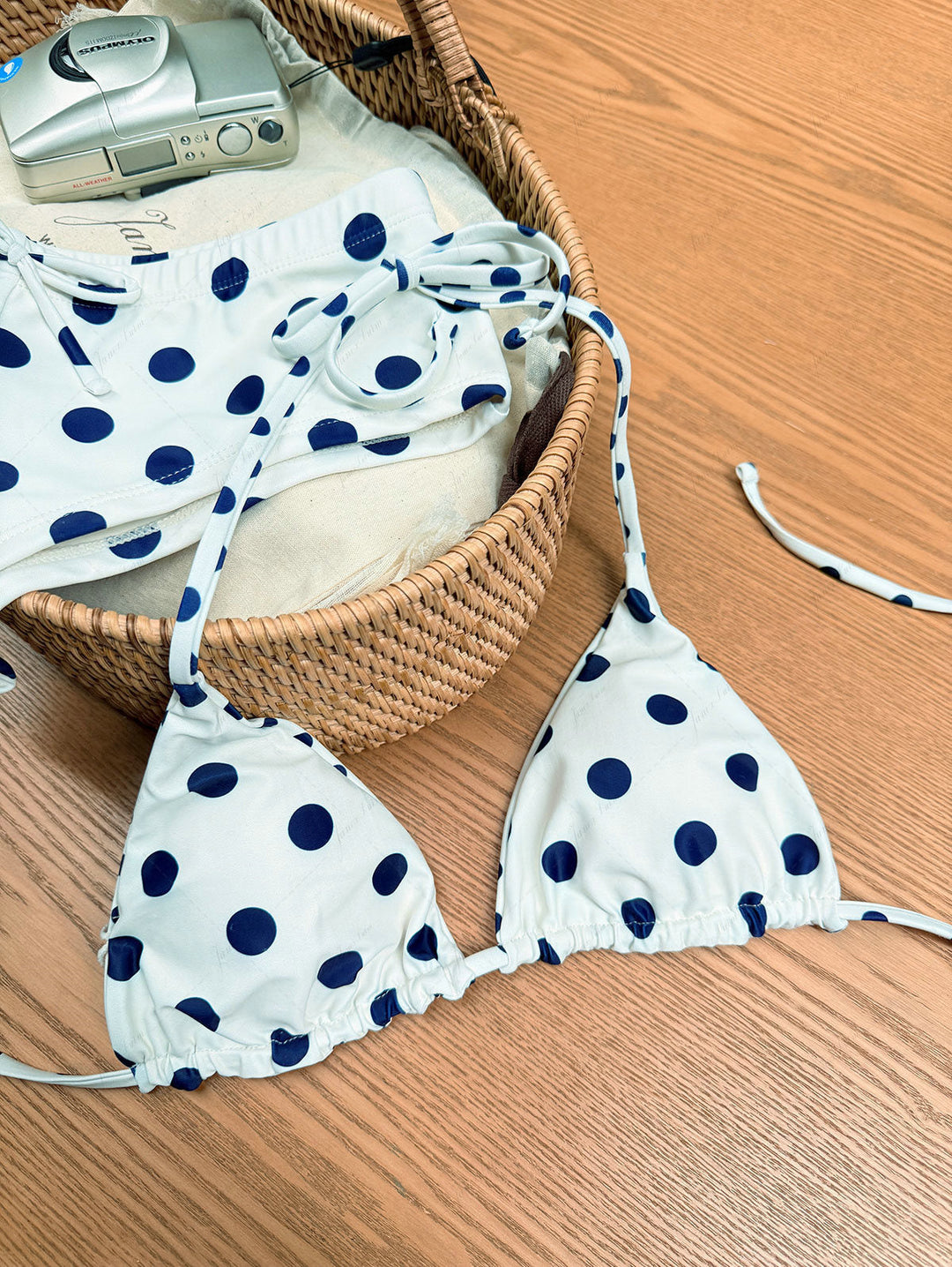 Crystal Cream Vintage Polka Dot Reversible Halter Triangle Bikini Set