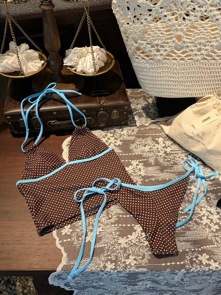 Seamolly Polka Dot Print Halter Tank Top & Cheeky Brazilian Bottom Tankini Set