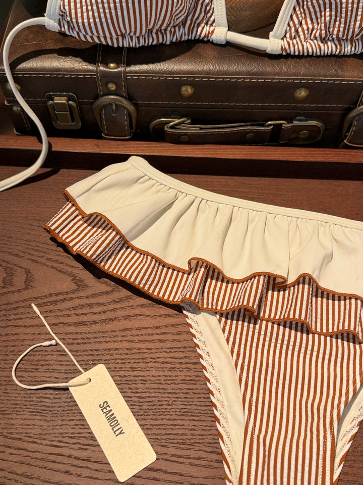 Seamolly Contrast Binding Striped Layered Peplum Halter Triangle Skirtini Bikini Set