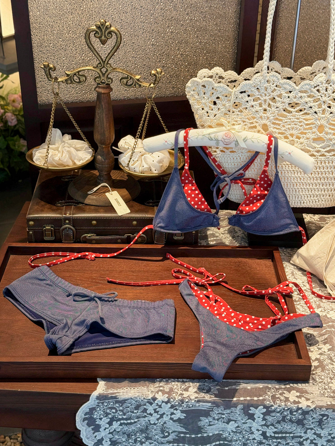 Seamolly 3 Piece Denim Polka Dot O Ring Double Layer Cheeky Boyshort Bikini Set