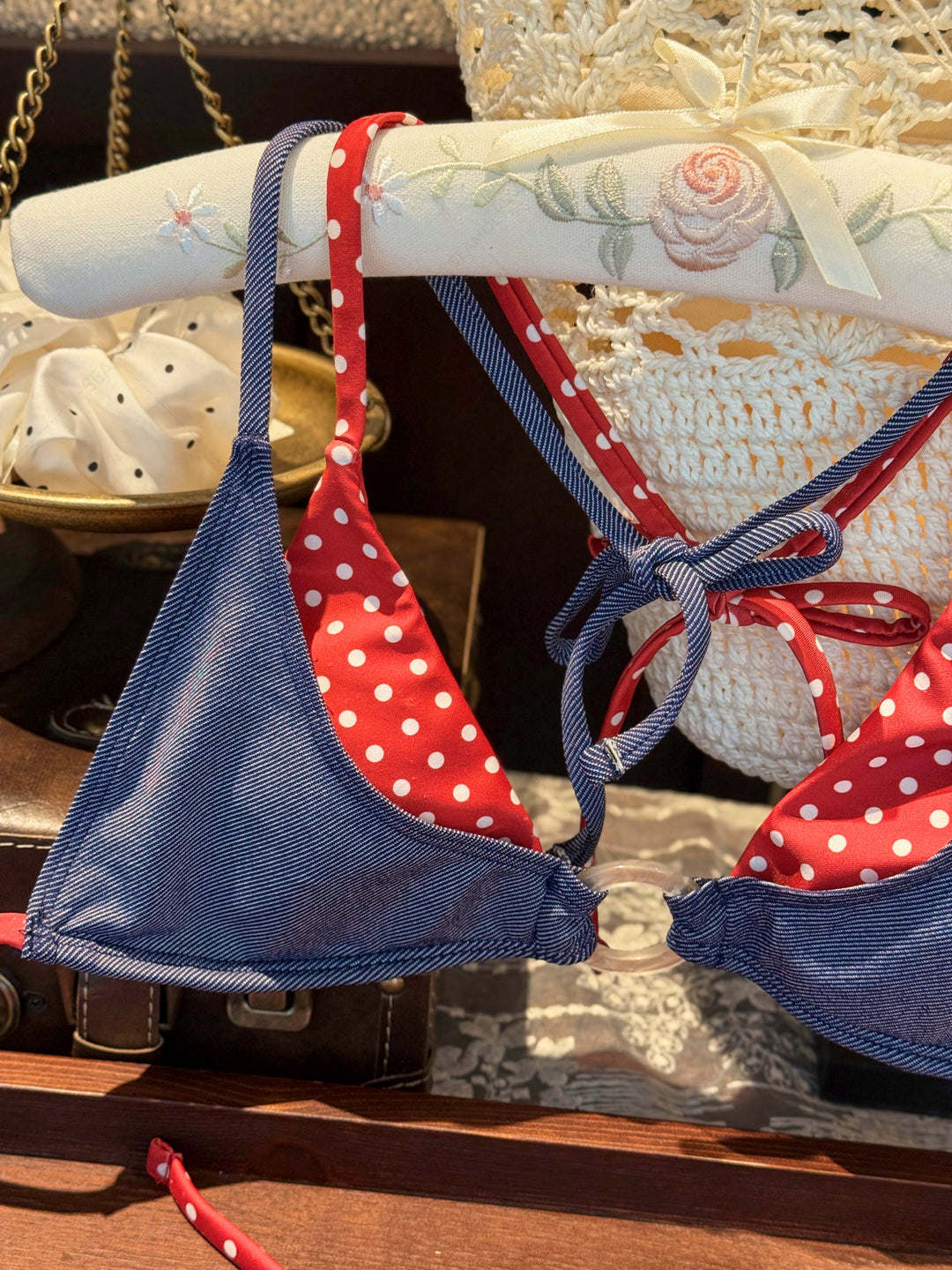 Seamolly 3 Piece Denim Polka Dot O Ring Double Layer Cheeky Boyshort Bikini Set