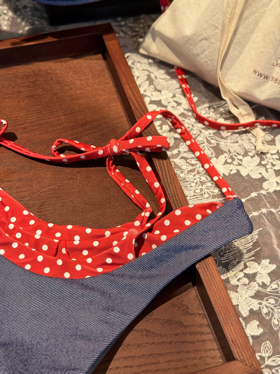 Seamolly 3 Piece Denim Polka Dot O Ring Double Layer Cheeky Boyshort Bikini Set
