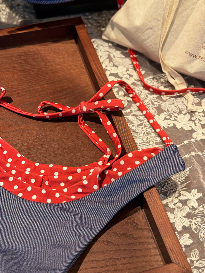 Seamolly 3 Piece Denim Polka Dot O Ring Double Layer Cheeky Boyshort Bikini Set