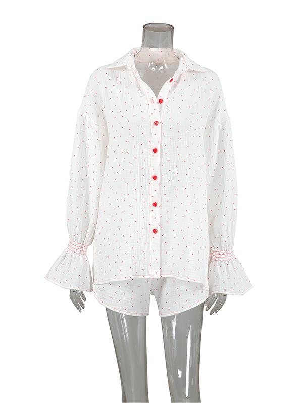 Two Piece Heart Print Button Down Shirt and Shorts Set