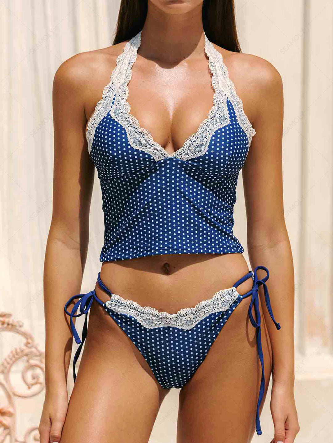 Seamolly Polka Dot Lace Halter Tied Tank Top & Hipster Bottom Tankini Set