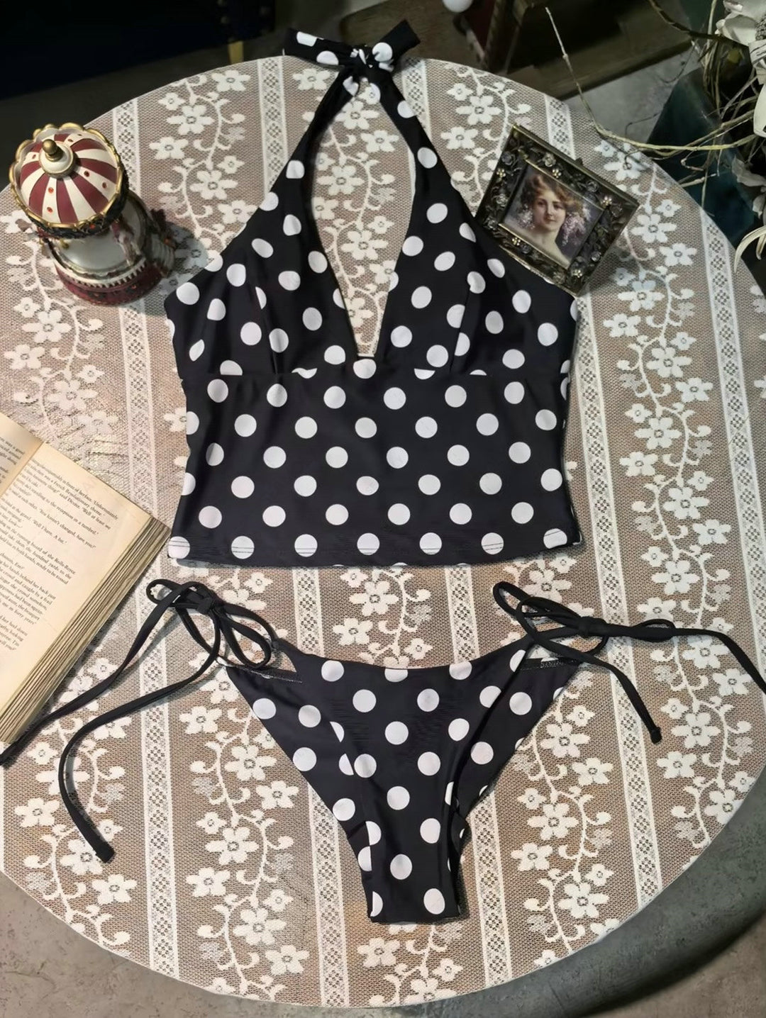 Seamolly Polka Dot Print Halter Tank Top & Cheeky Brazilian Bottom Tankini Set