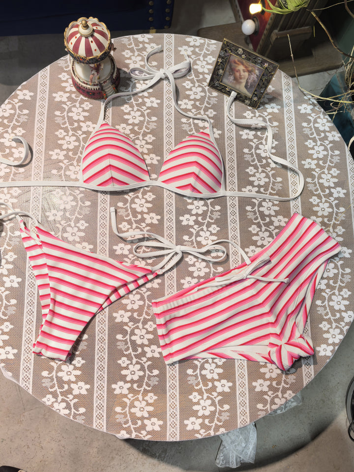Seamolly 3 Piece Striped Triangle Push Up Brazilian Cheeky Boyshort Bikini Set