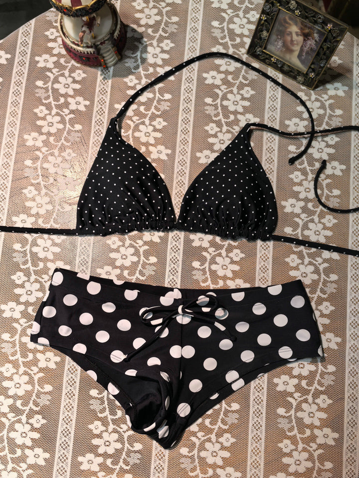 Black Polka Dot Reversible Triangle Top & Cheeky Boyshort Bikini Set