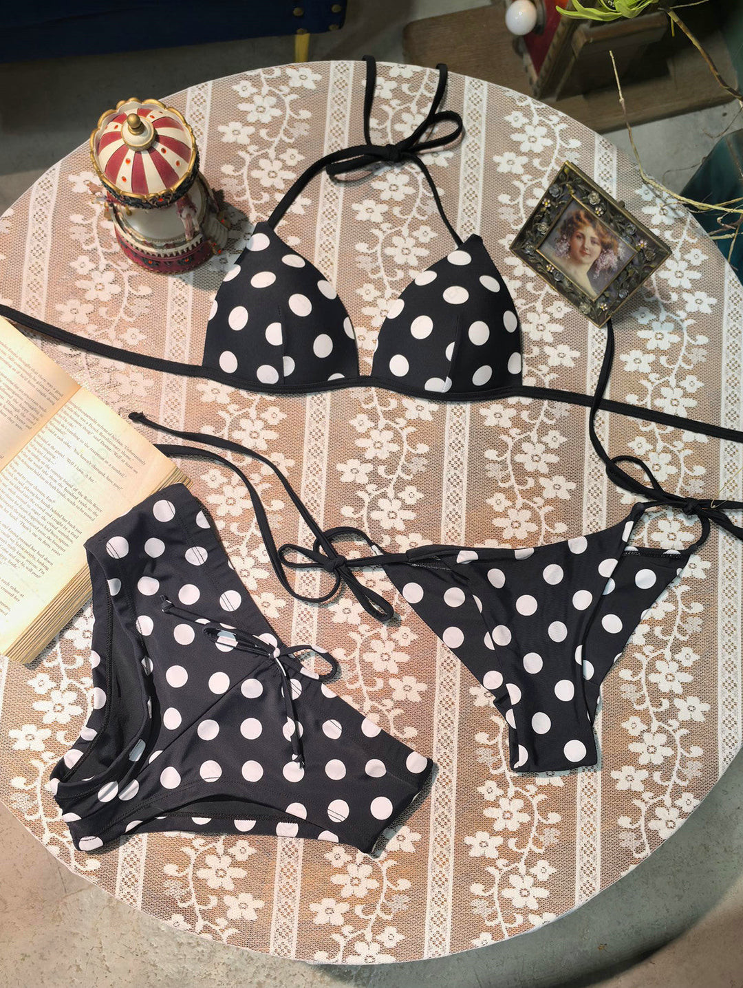 Seamolly Polka Dot Print Triangle Push Up Top & Cheeky Brazilian Bottom Bikini Set