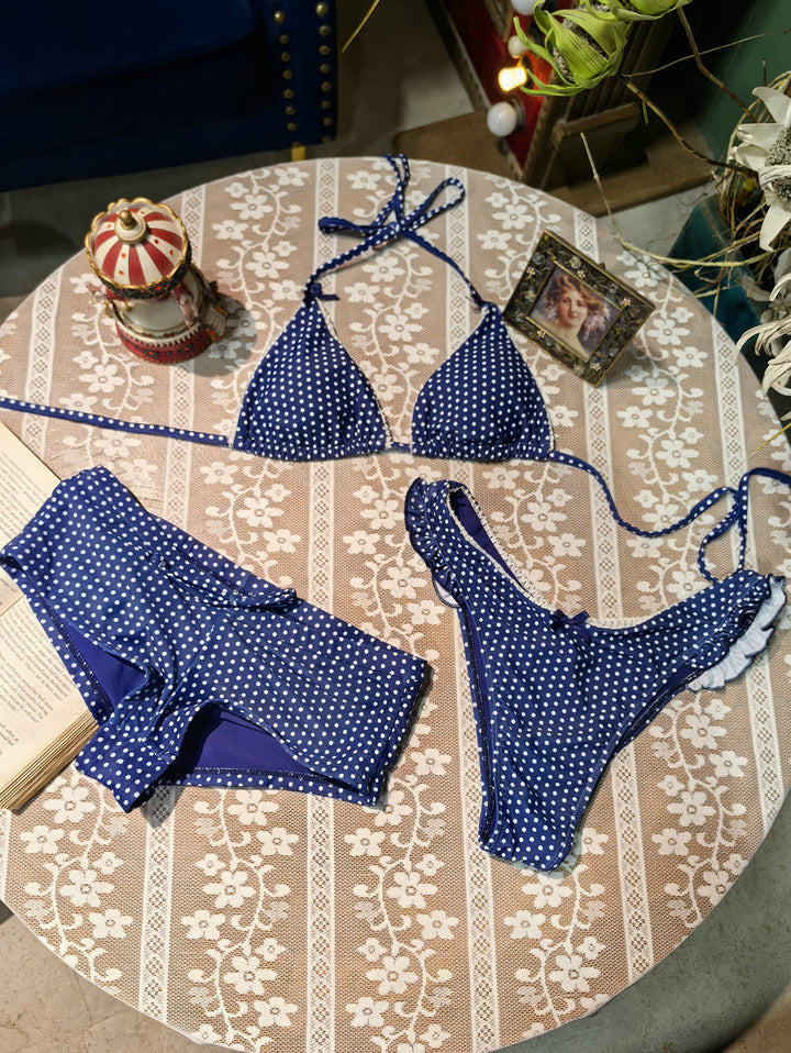 Seamolly Polka Dot Lace Bowknot Halter Tied 3 Piece Boyshort Bikini Set