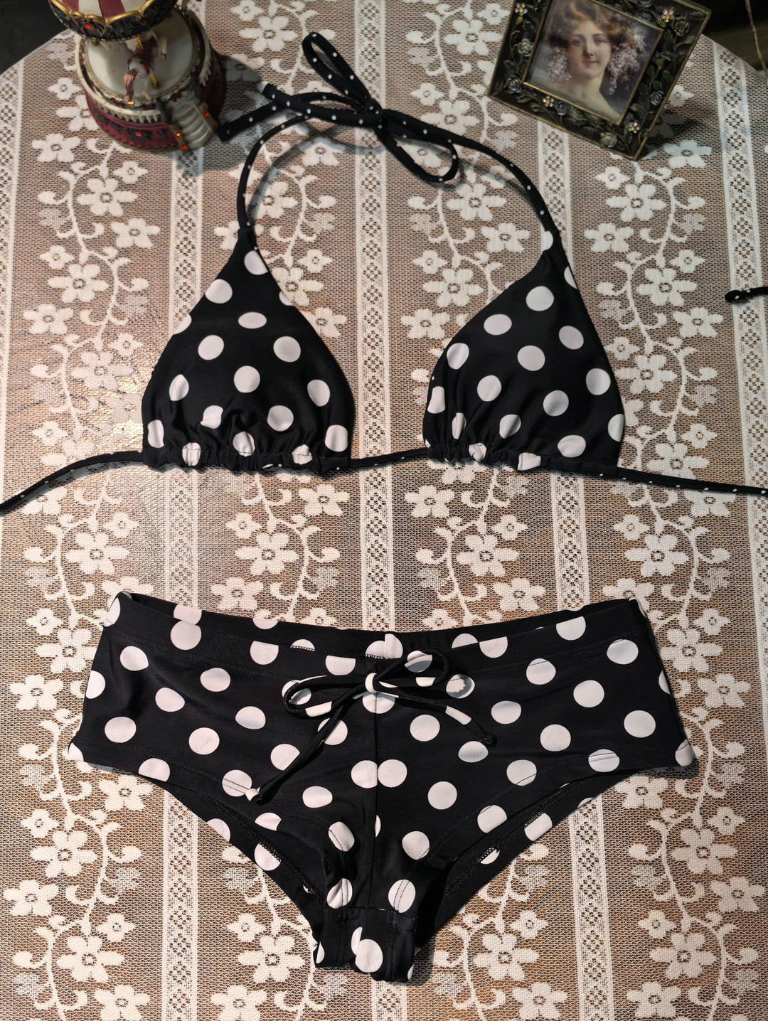 Black Polka Dot Reversible Triangle Top & Cheeky Boyshort Bikini Set
