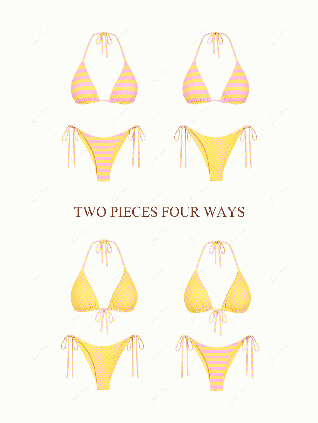 Yellow Striped Polka Dot Triangle Top & Cheeky Brazilian Bottom Reversible Bikini Set