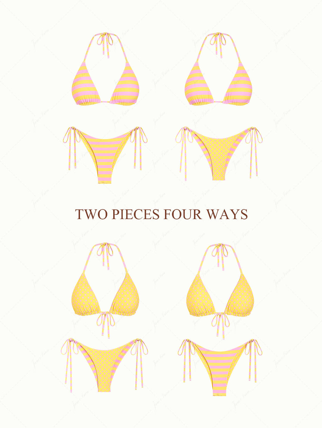 Yellow Striped Polka Dot Triangle Top & Cheeky Brazilian Bottom Reversible Bikini Set