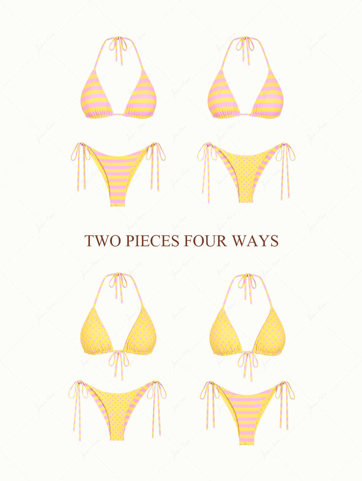 Yellow Striped Polka Dot Triangle Top & Cheeky Brazilian Bottom Reversible Bikini Set