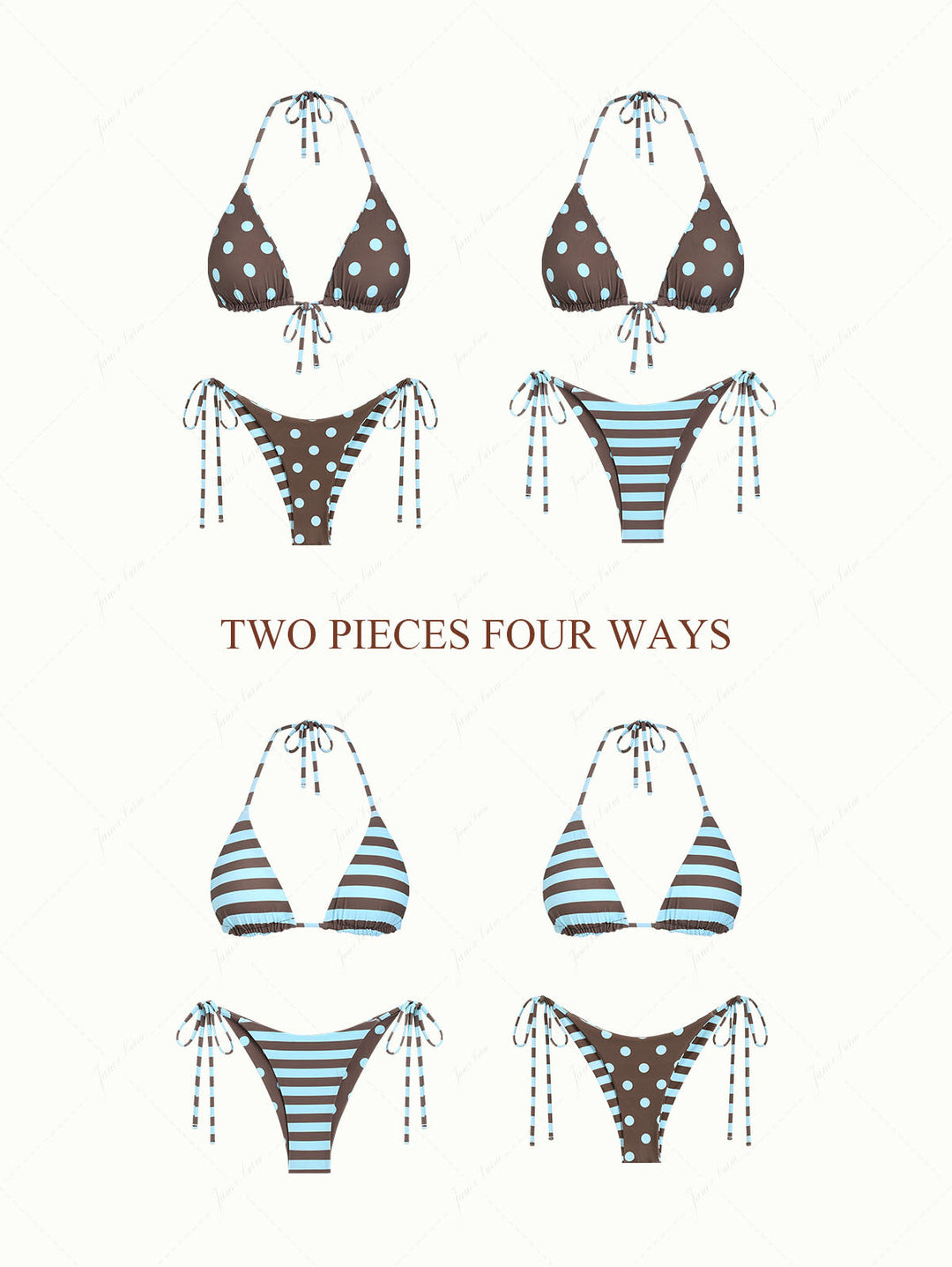 Coffee Striped Polka Dot Triangle Top & Cheeky Brazilian Bottom Reversible Bikini Set