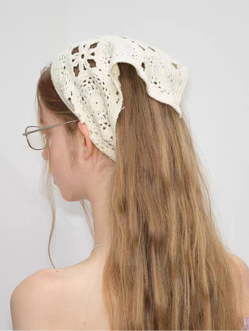 Vintage Handmade Crochet Knitted Bandana Triangle Kerchief Headband Hair Scarf