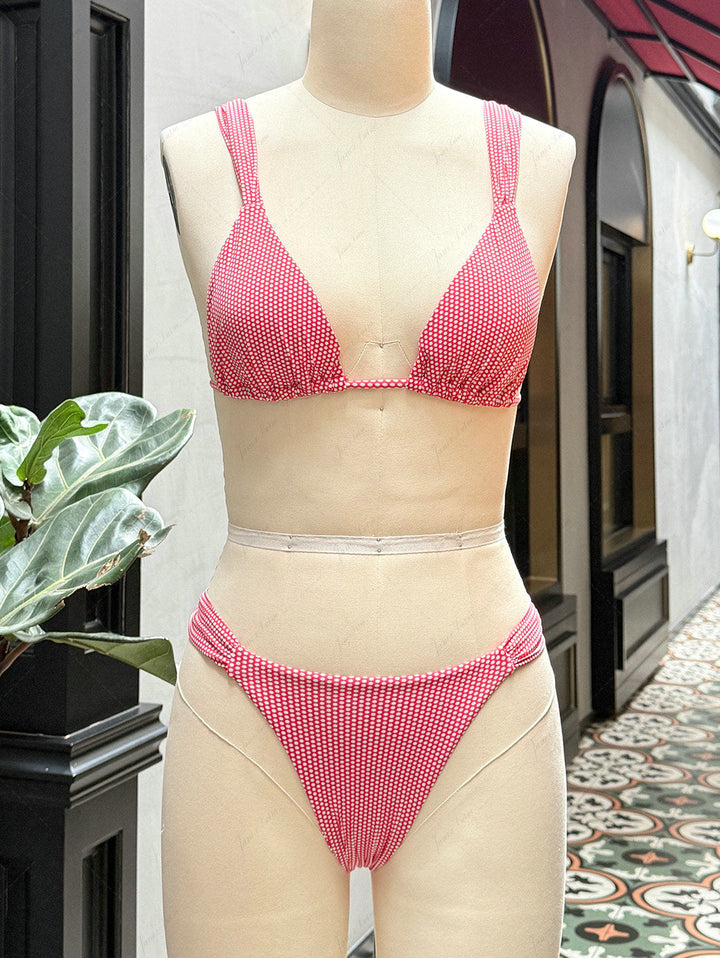 Cherry Red Polka Dot Print Ruched Triangle Bikini Set