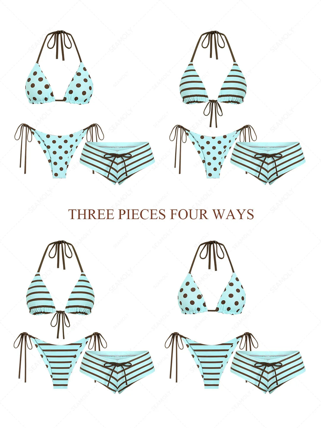 Seamolly 3 Piece Multiway Polka Dot Striped Triangle Brazilian Cheeky Boyshort Bikini Set
