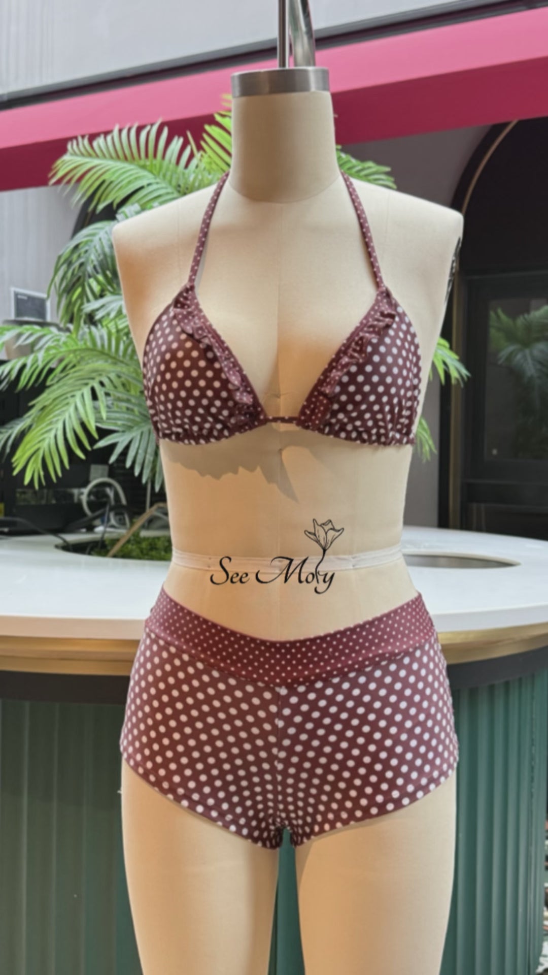 Seamolly Polka Dot Print Ruffles Triangle Top & Brazilian Bottom Bikini Set