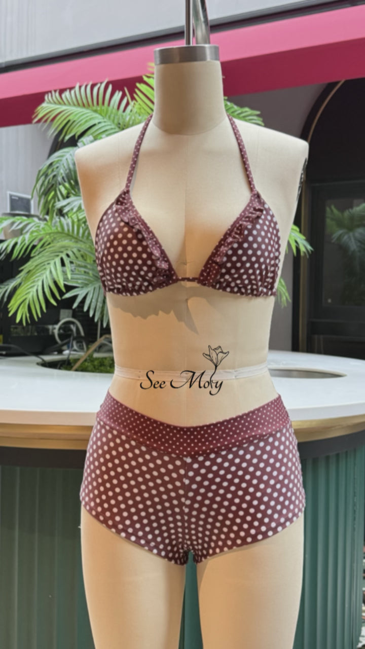 Seamolly Polka Dot Print Ruffles Triangle Top & Brazilian Bottom Bikini Set