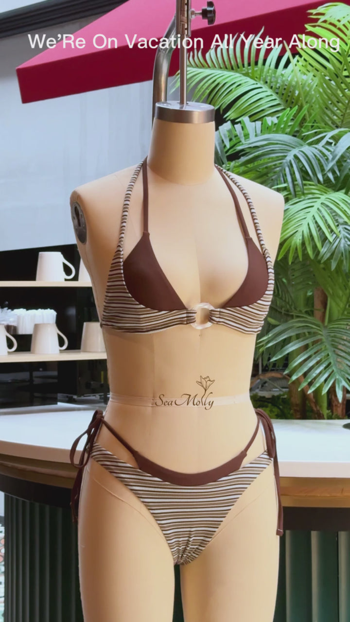Seamolly Contrast Color Striped O Ring Double Layer Bikini Set