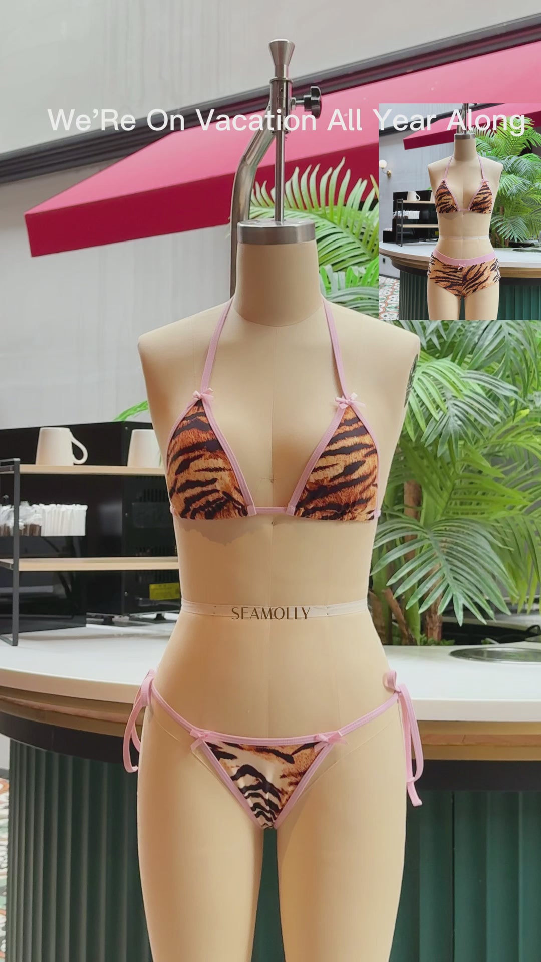 Seamolly 3 Piece Animal Tiger Print Bowknot Contrast Binding Cheeky Boyshort Bikini Set