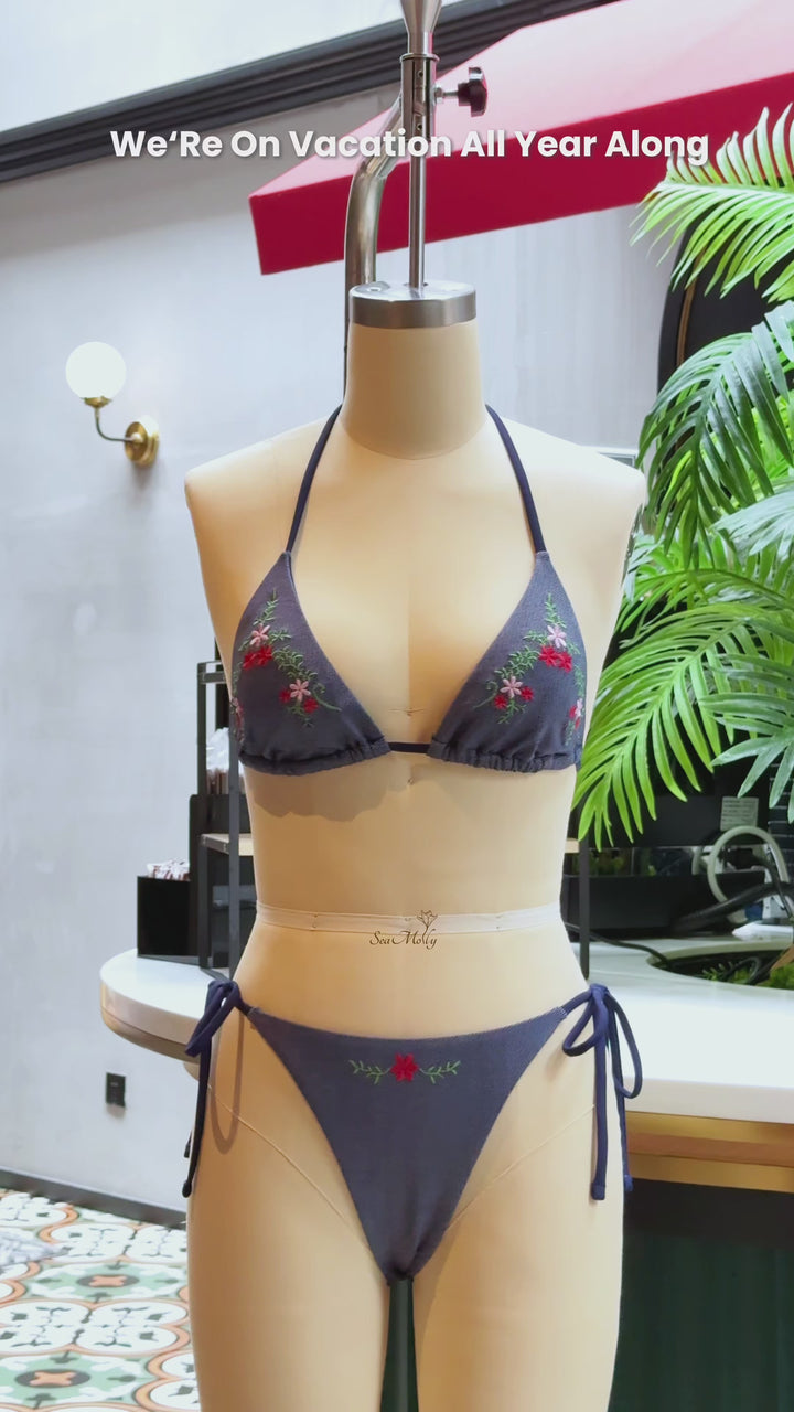 Seamolly Denim Embroidery Halter Triangle Top & Cheeky Brazilian Bottom Bikini Set