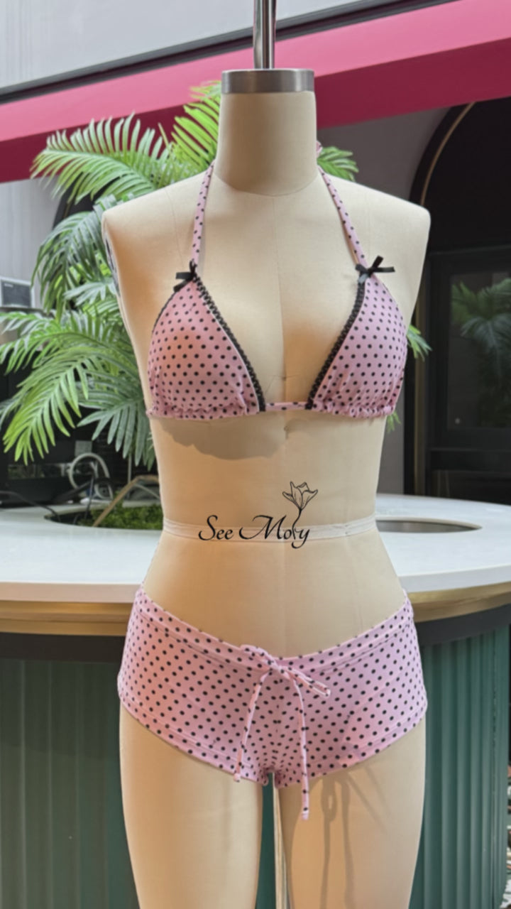 Seamolly Retro Vintage Inspired Polka Dot  Lace Bowknot  Halter Triangle Bikini Set