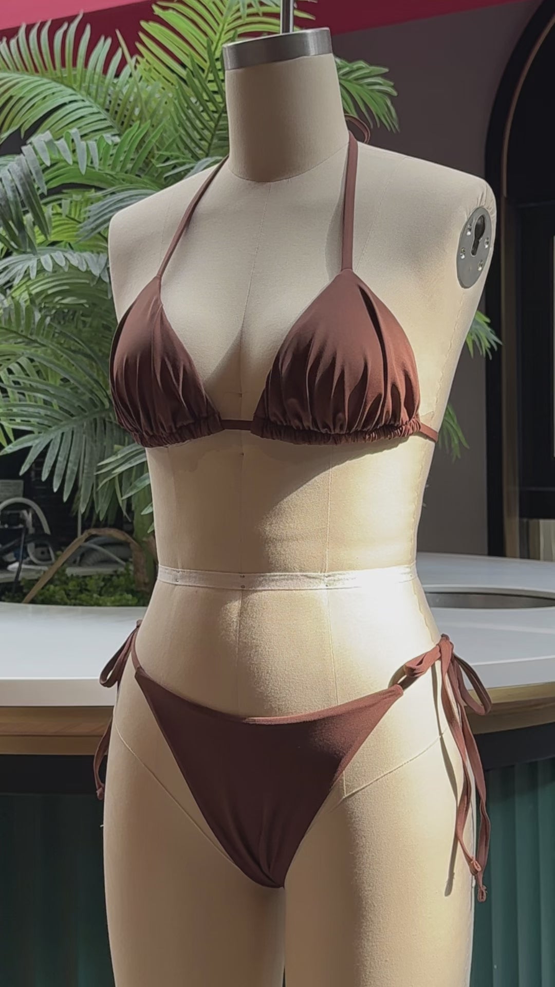 Seamolly Solid Color Ruched Halter Triangle Top & Brazilian Bottom Bikini Set