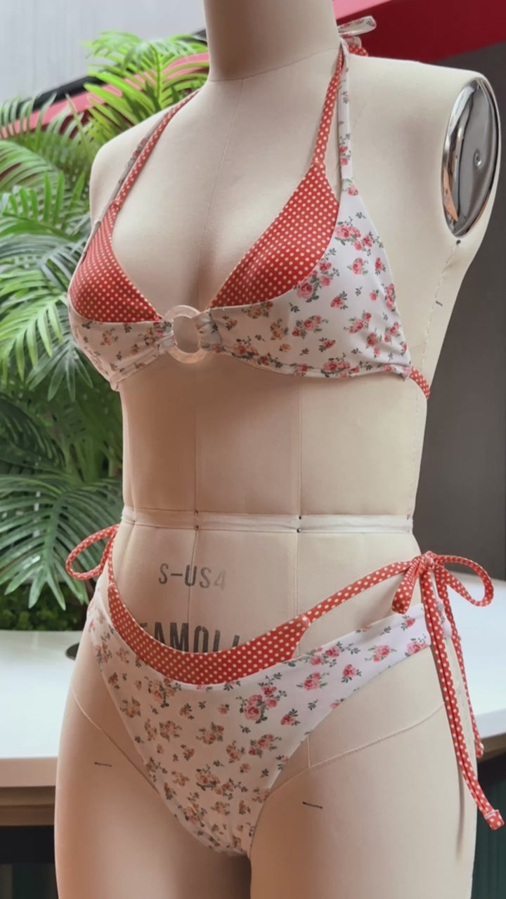 Seamolly Tiny Floral Polka Dot Print O Ring Double Layer 2 In 1 Bikini Set