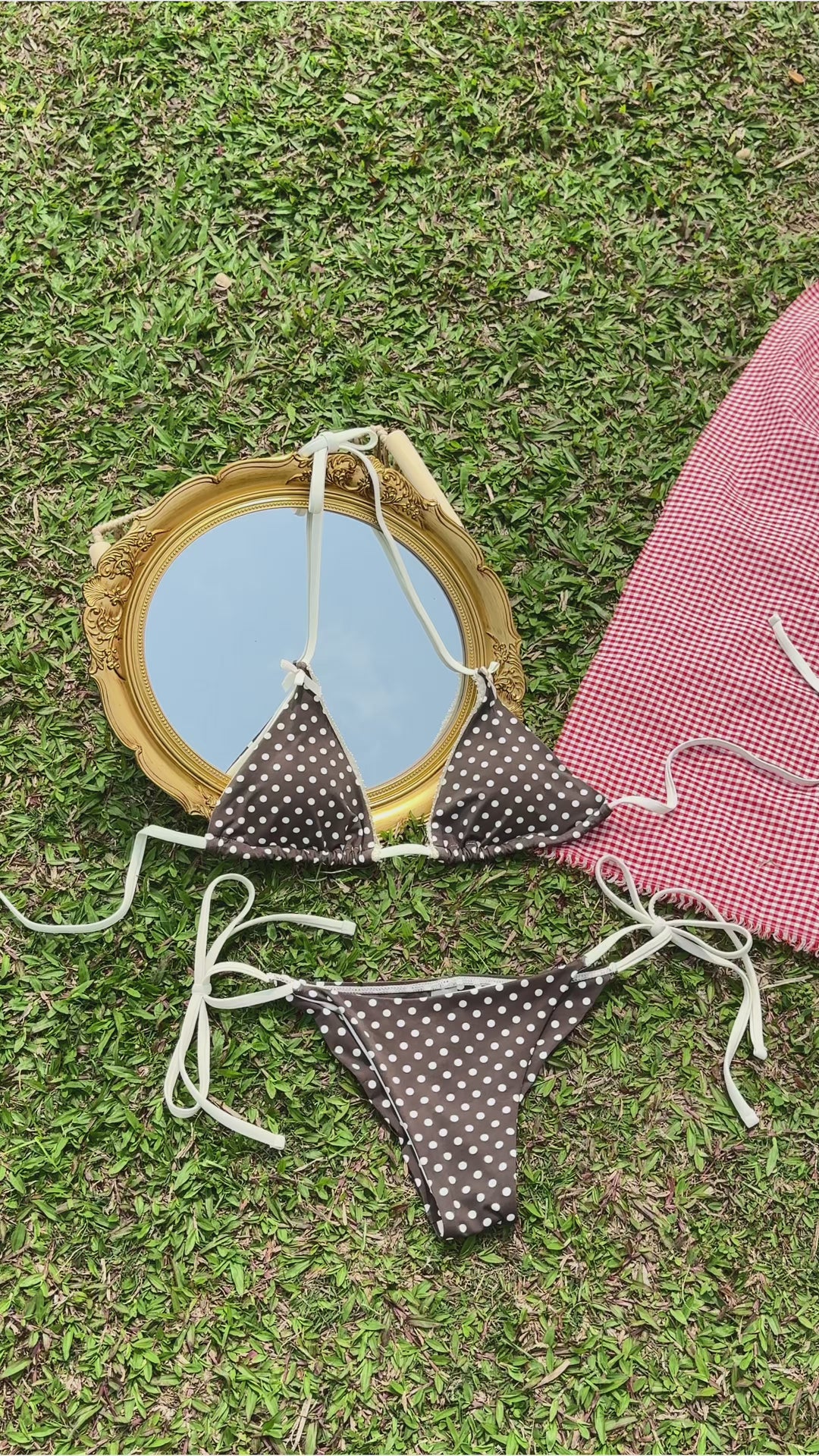 Deep Coffee Polka Dot Lace Bowknot Halter Triangle Bikini Top