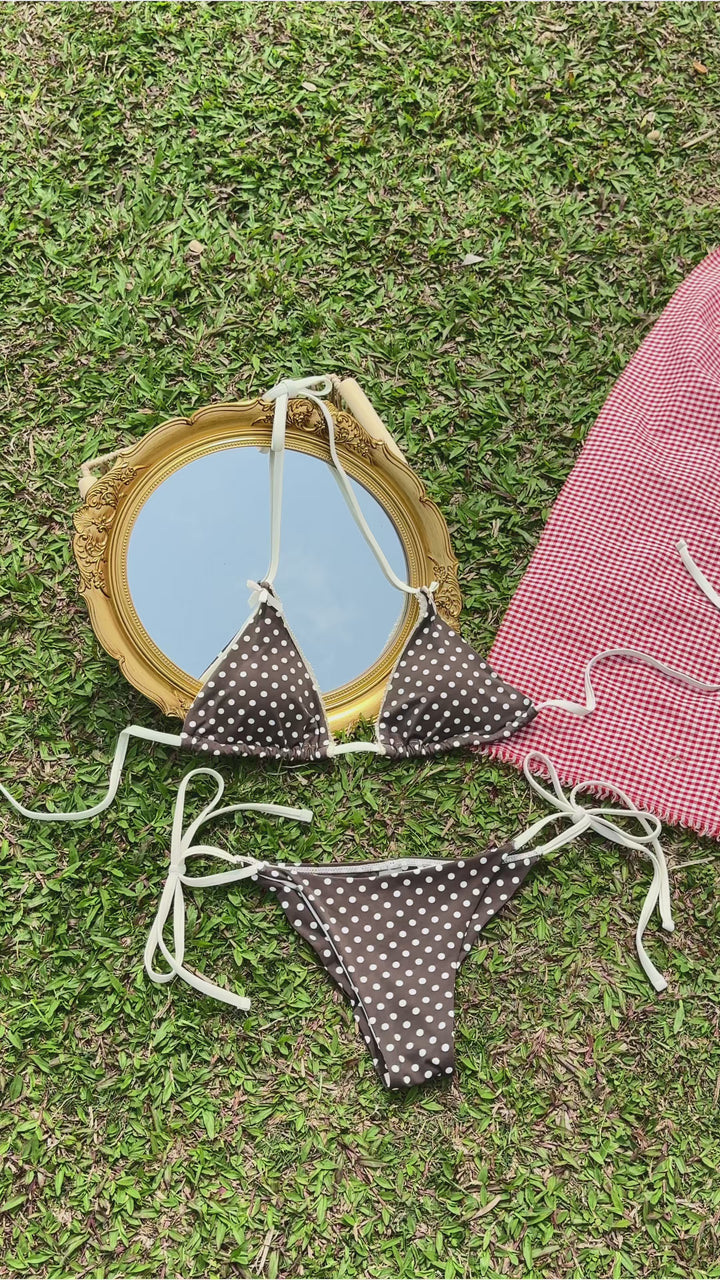 Deep Coffee Polka Dot Lace Bowknot Halter Triangle Bikini Top