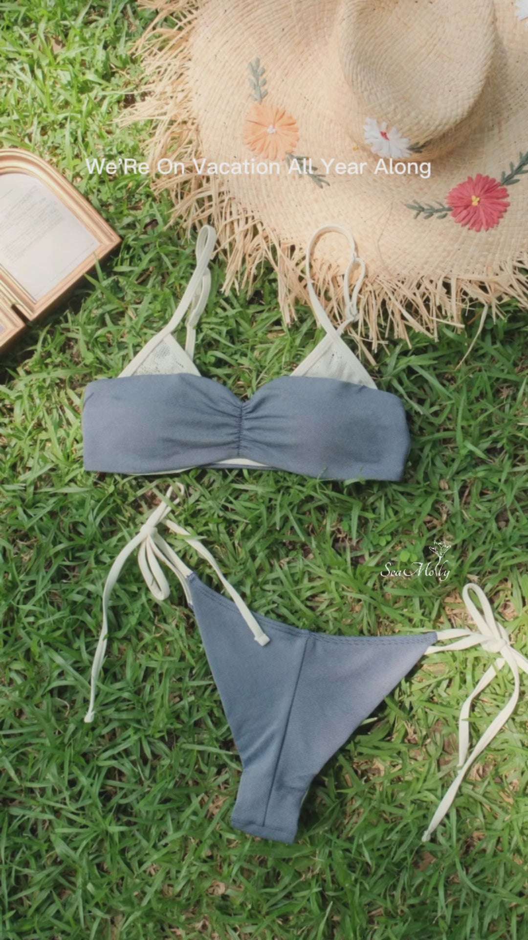 Seamolly Denim Lace Spliced Ruched Top & Cheeky Brazilian Bottom Bikini Set