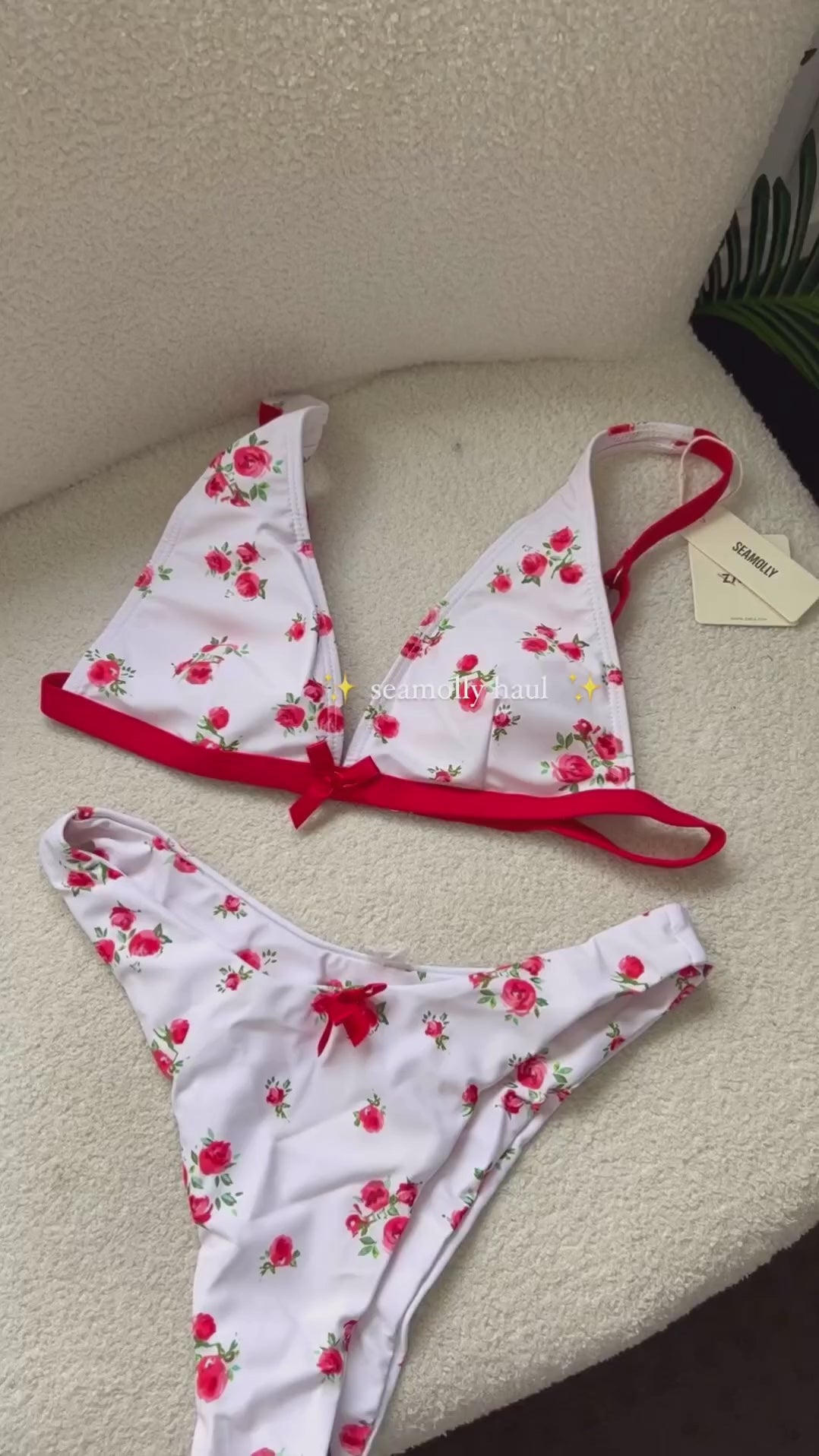 Floral Rose Print Bow Decor Triangle Cheeky Bikini Set