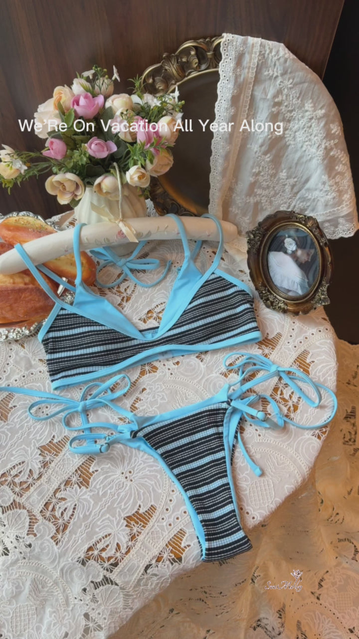 Seamolly Contrast Color Striped String Double Layer Bikini Set